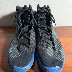 Men’s 12.5 Black/Green/Blue Adidas Hightop Athletic Lace Up Basketball Shoes